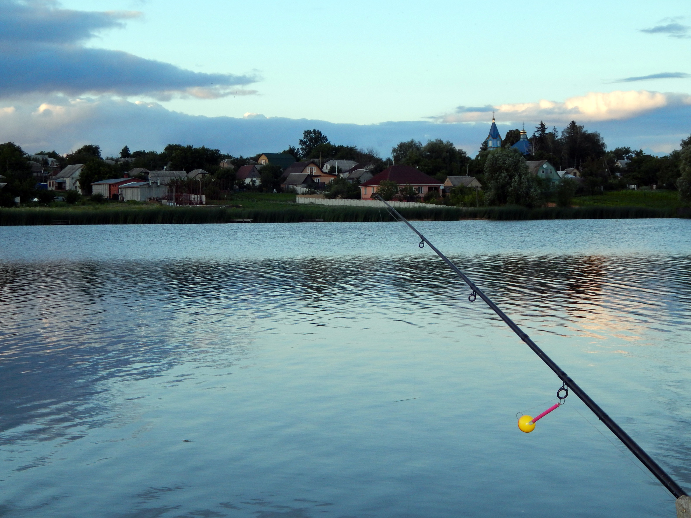 Fishing rod extends over a calm lake with a view of distant houses and greenery. The sky is partly cloudy, casting reflections on the water's surface.