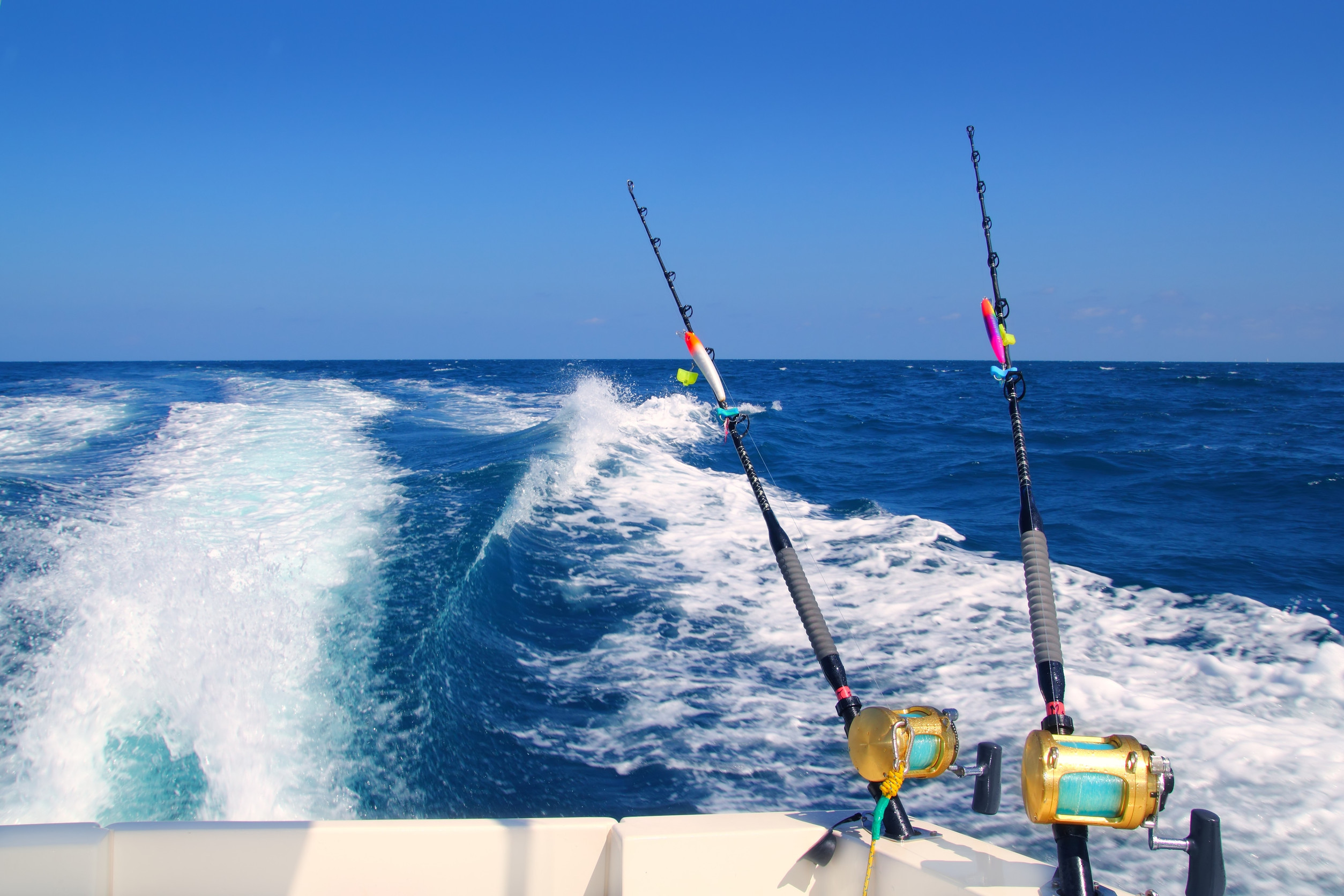 Two fishing rods are secured at the back of a boat, which is moving swiftly across a deep blue ocean, leaving a frothy wake under a clear blue sky.