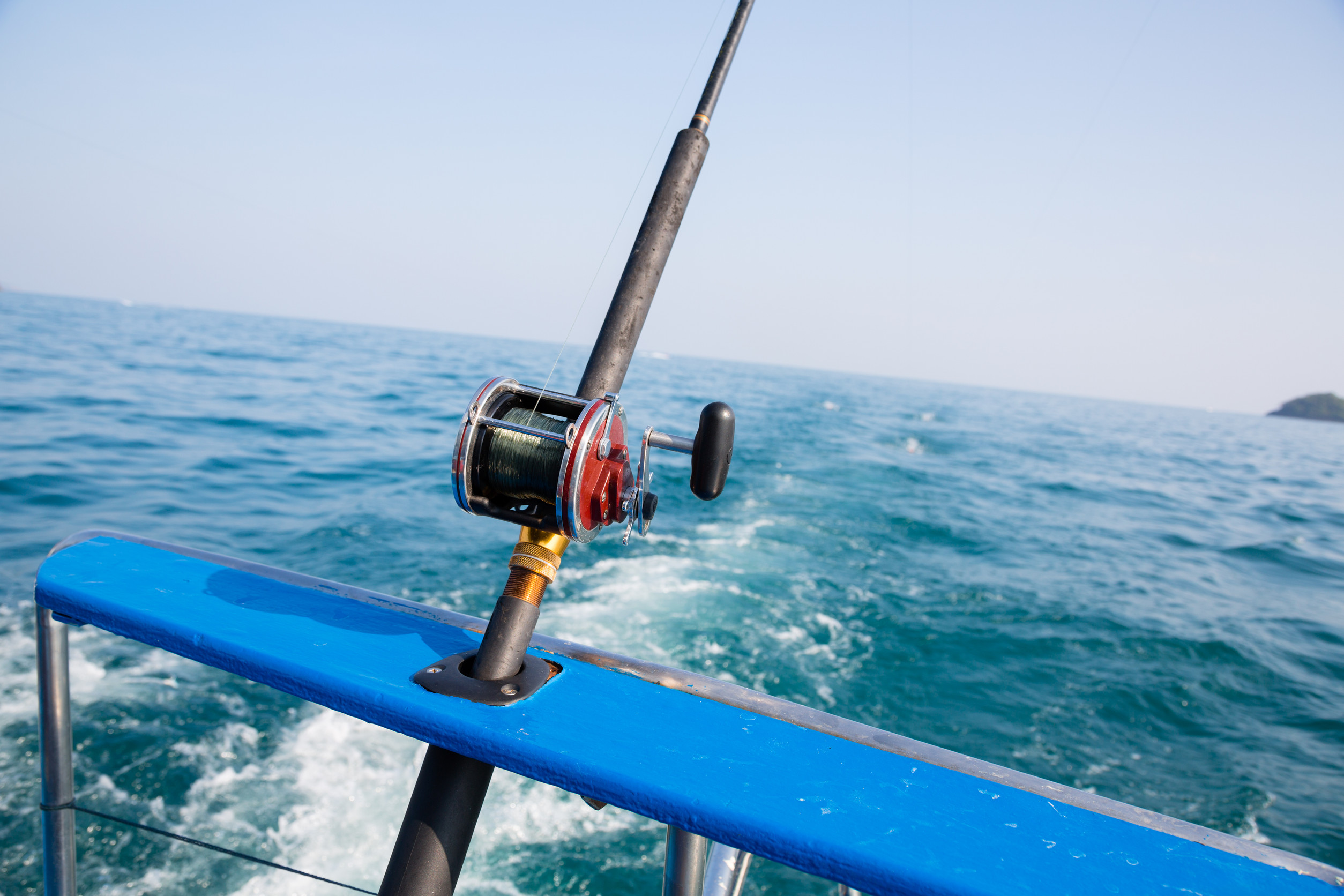 A fishing rod secured to the railing of a boat is featured in the foreground, pointing towards the open sea. The water is calm and expansive, with a clear blue sky above.