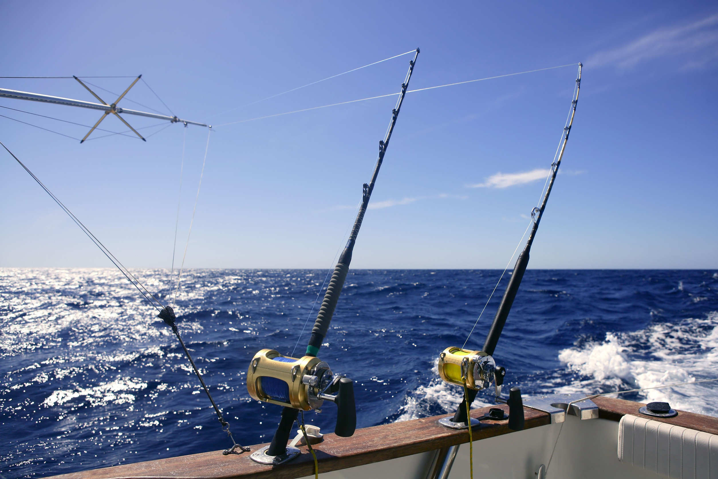 Two fishing rods with reels are secured on a boat, extending over the ocean under a clear blue sky. Waves gently crash against the boat, and the sea stretches to the horizon, creating a serene fishing scene.